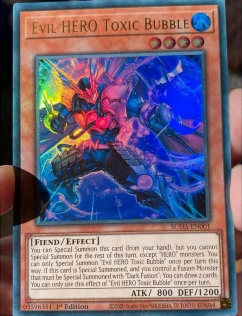 Yu-Gi-Oh! Evil HERO Toxic Bubble SUDA 1st Ed Mint !, Ophalen of Verzenden, Zo goed als nieuw, Losse kaart, Foil