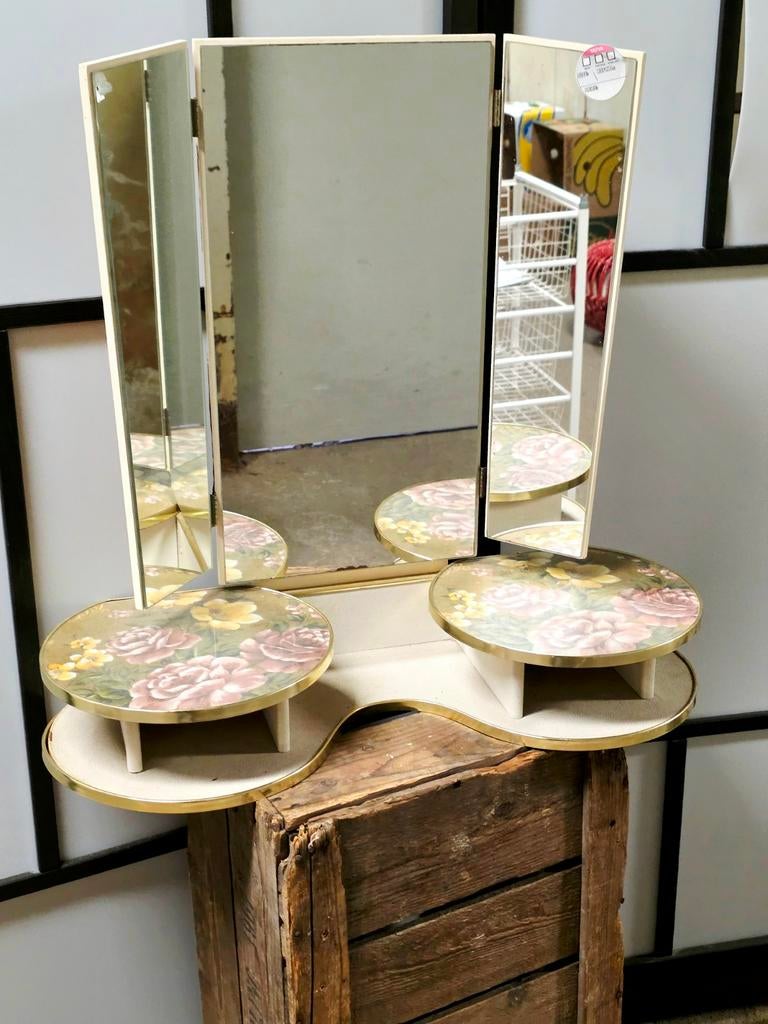 9847:Vintage Dressing Table with Triple Mirror &Flower Print, Gebruikt, Vintage, Retro, Romantisch, 100 tot 150 cm, Hout