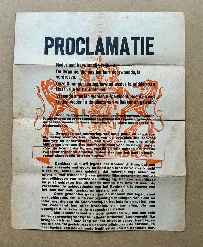 Originele Proclamatie Bevrijdingsdag 1945 - Historisch Docum, Ophalen of Verzenden, Overige soorten, Nederland, Boek of Tijdschrift