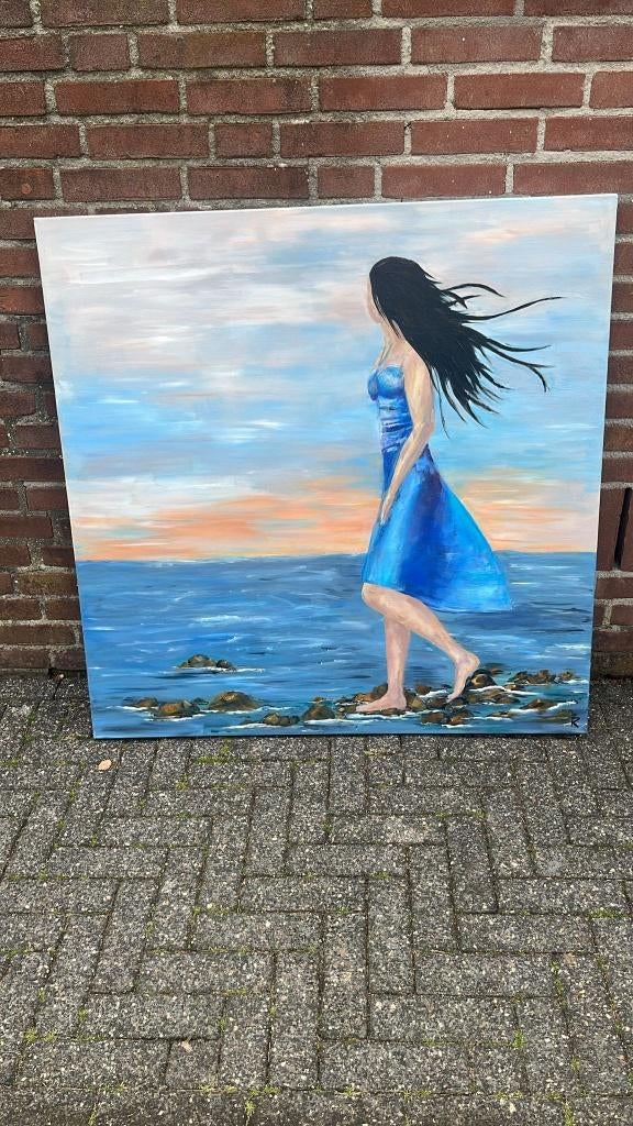 Groot Schilderij – Vrouw aan Zee, Antiek en Kunst, Kunst | Schilderijen | Klassiek, Ophalen