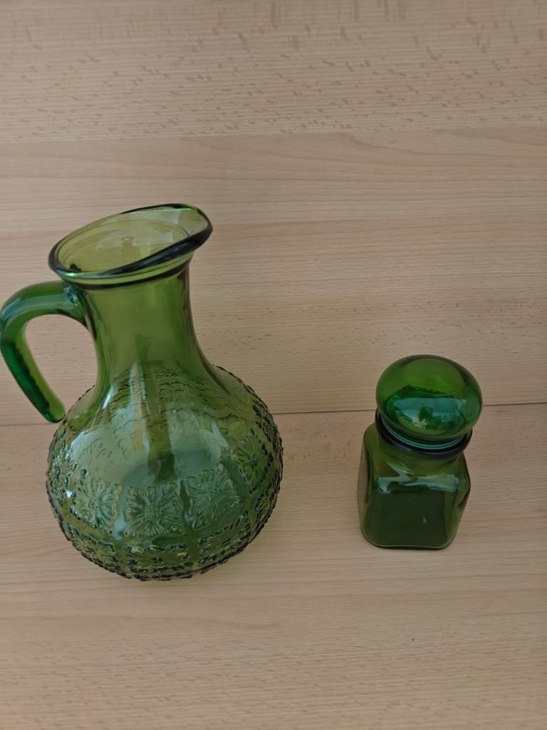 Vintage groene glazen karaf + potje – jaren 70 stijl, Antiek en Kunst, Ophalen
