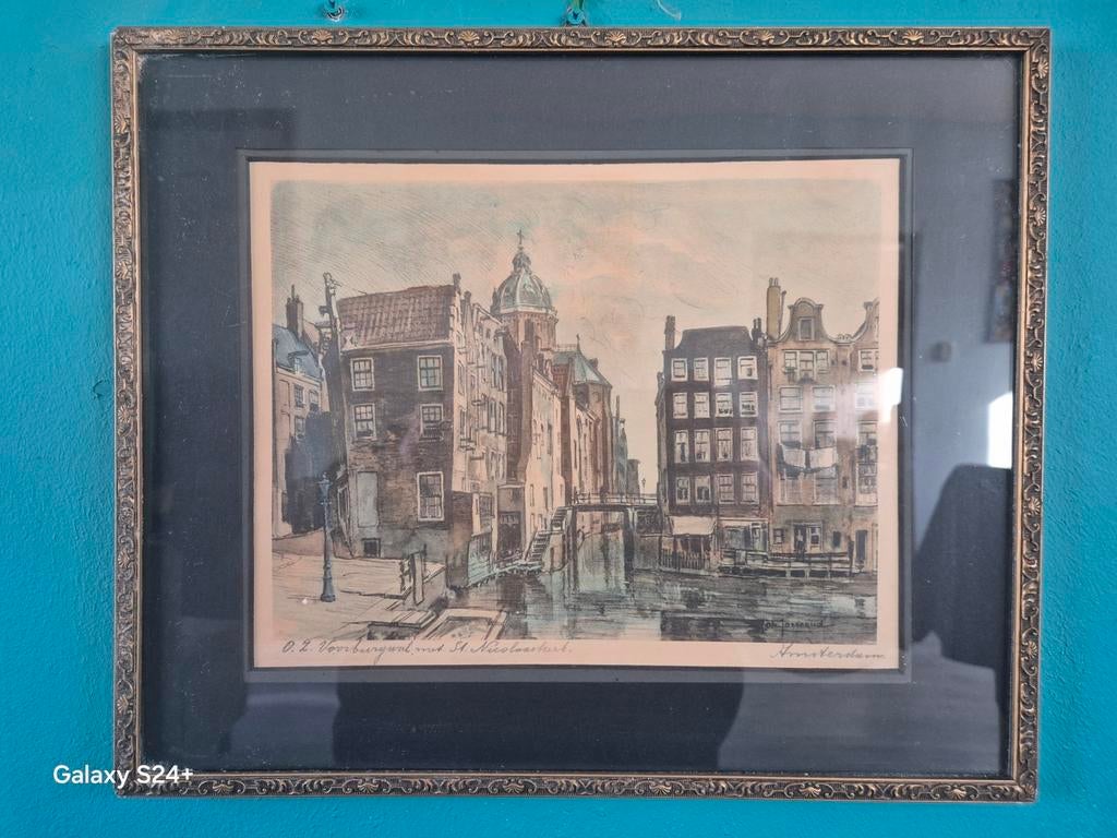 O.Z. Voorburgwal met St. Nicolaaskerk - Joh. Josseaud, Antiek en Kunst, Kunst | Etsen en Gravures, Ophalen of Verzenden