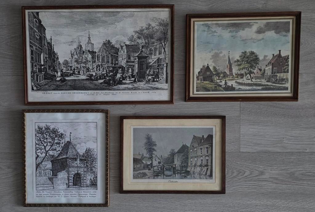 Vier oude prenten met lijsten - Den Haag, Schoonhoven, etc., Antiek en Kunst, Kunst | Etsen en Gravures, Ophalen of Verzenden