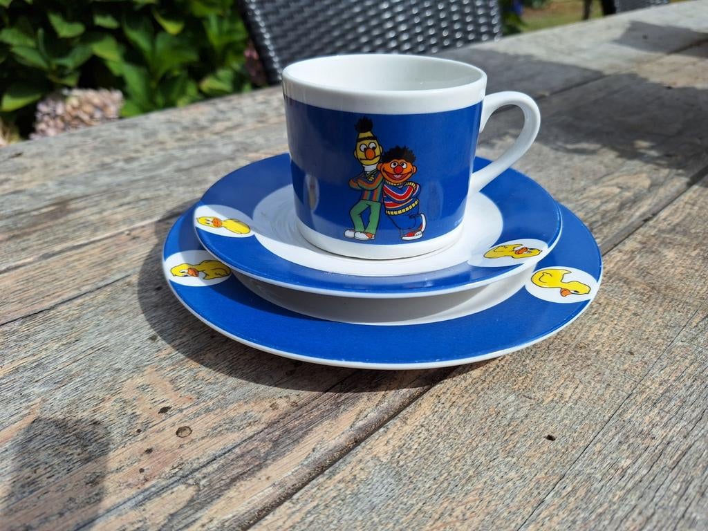 Vintage Sesamstraat Ontbijtset - Mok, Schotel, Bord, Gebruikt, Ophalen of Verzenden, Overige stijlen, Kop(pen) en/of Schotel(s)