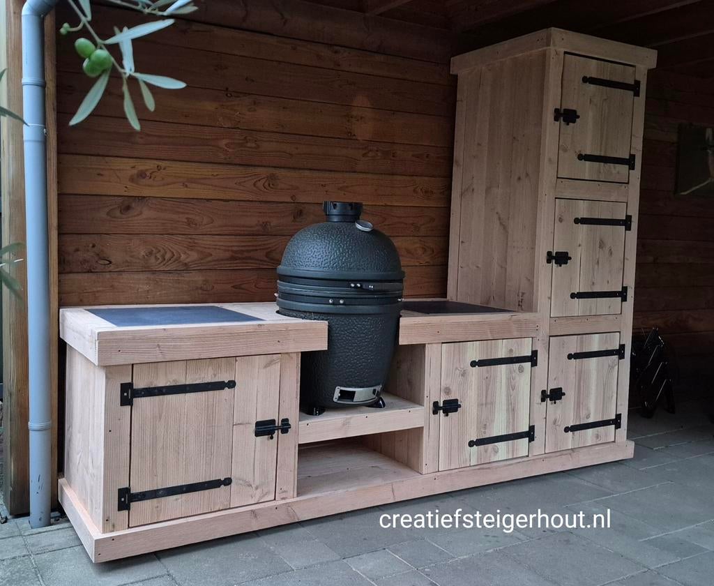 Douglas houten buitenkeuken hoge kast kamado bbq koelkast, Tuin en Terras, Buitenkeukens, Ophalen of Verzenden, Nieuw, Houtskool