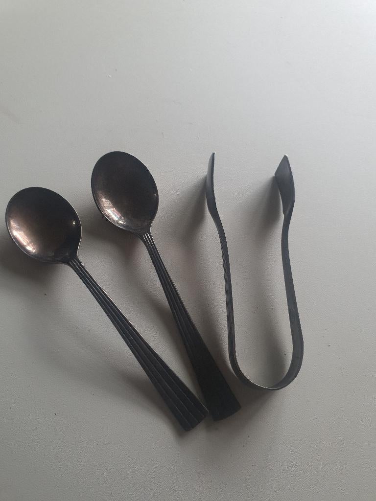 Verzilverde tang en 2 lepels DE, Ophalen of Verzenden