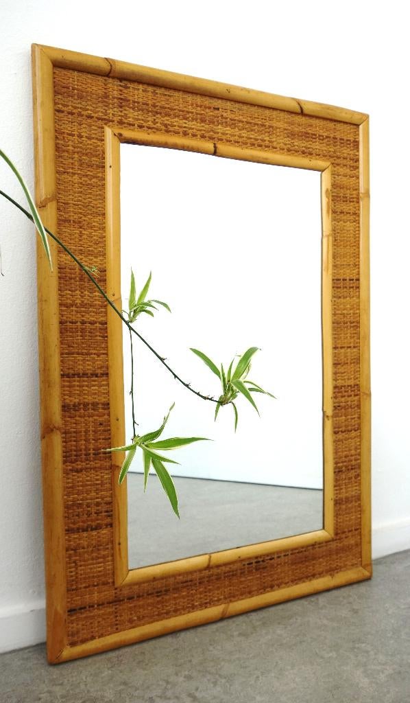 Vintage bamboe wandspiegel Dal Vera XL rotan spiegel 70s, Huis en Inrichting, Woonaccessoires | Spiegels, Gebruikt, Ophalen of Verzenden