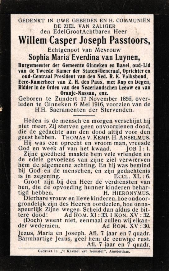 Passtoors Willem C.J. Zundert 1856-1916 Ginneken, Verzamelen, Bidprentjes en Rouwkaarten, Ophalen of Verzenden