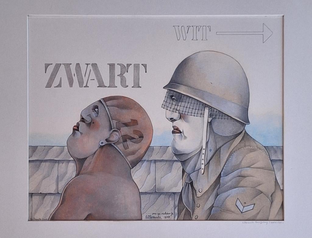 mixed media schilderij Hilbrand Bruijning kunst en apartheid, Ophalen of Verzenden