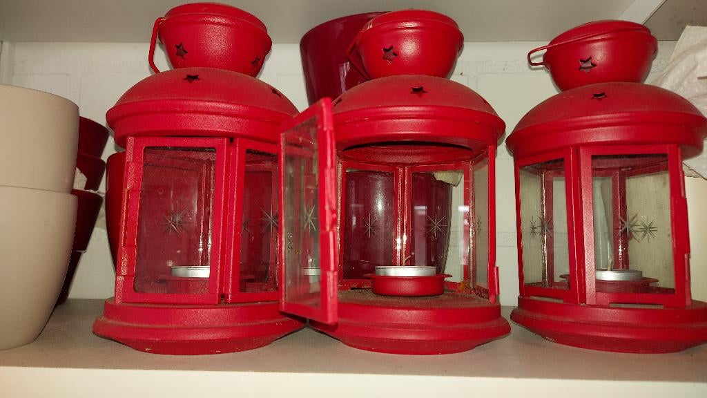 Rode lantaarntjes voor buiten 3 stuks, Huis en Inrichting, Woonaccessoires | Kandelaars en Kaarsen, Overige materialen, Gebruikt