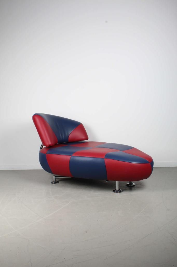 1x Leolux Kikko Chaise Longue Blauw/Rood Leer – Chroom, Niet ingevuld, Niet ingevuld, Ophalen of Verzenden, Zo goed als nieuw