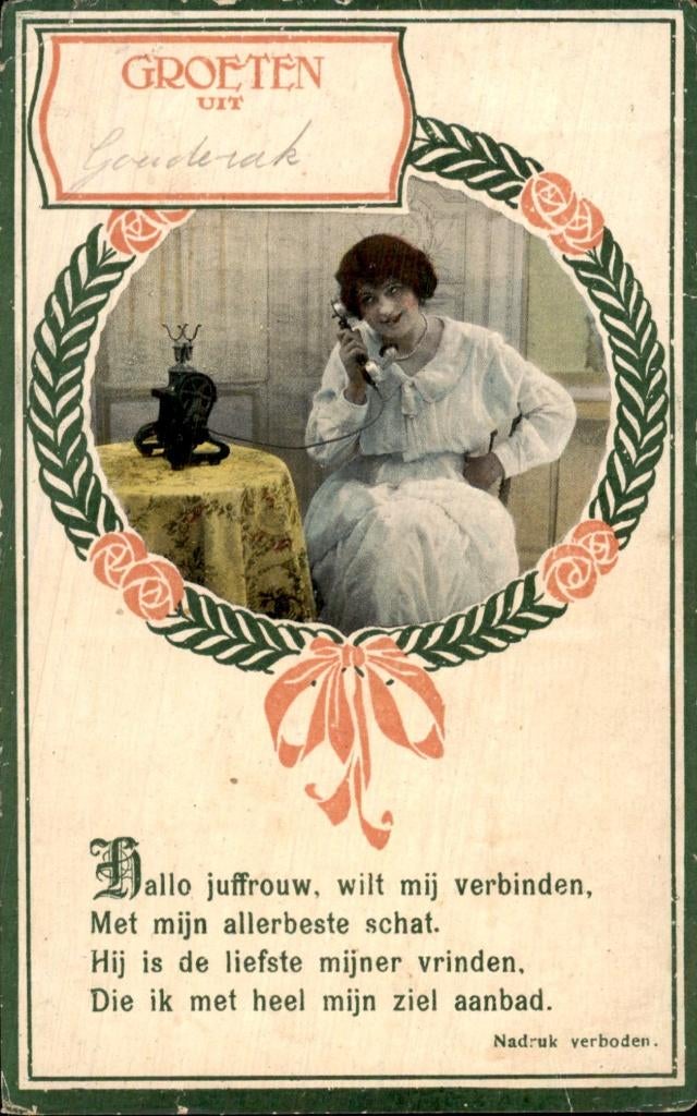 Gouderak - Vrouw aan telefoon - Krans, Ophalen of Verzenden, Voor 1920, Gelopen, Zuid-Holland