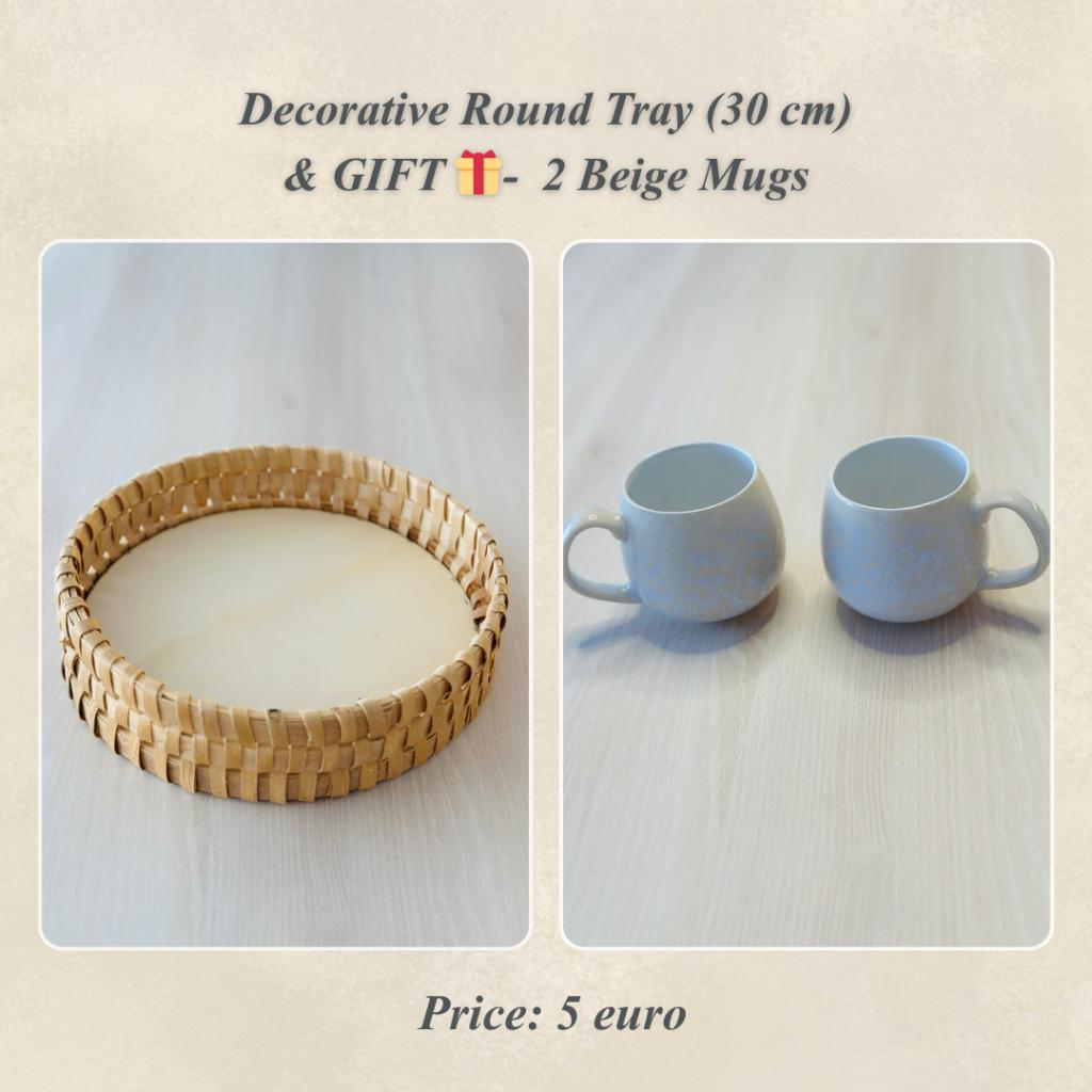 Decorative Round Tray (30 cm) & GIFT - Beige Mugs, Ophalen of Verzenden, Nieuw, Hout