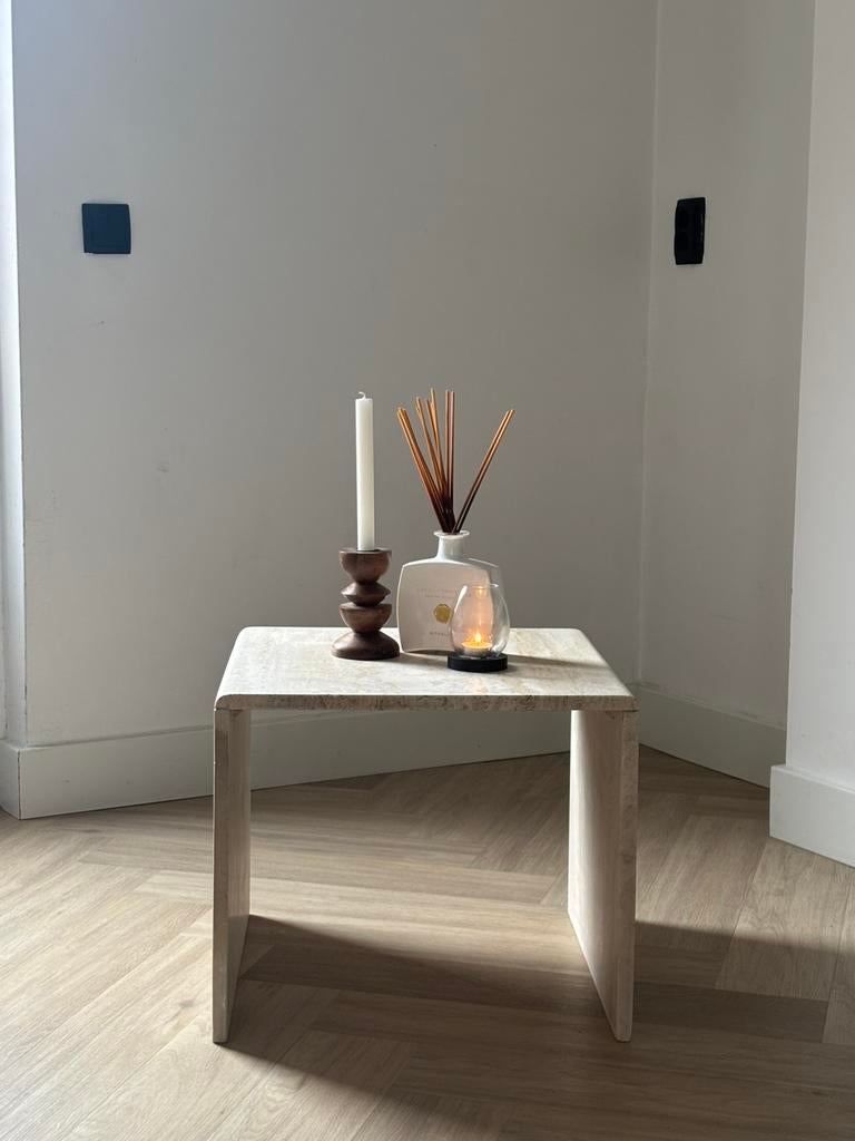 Travertin salontafel/bijzettafel/nachtkastjes., Overige materialen, 50 tot 100 cm, Travertin japandi vintage marmeren natuursteen