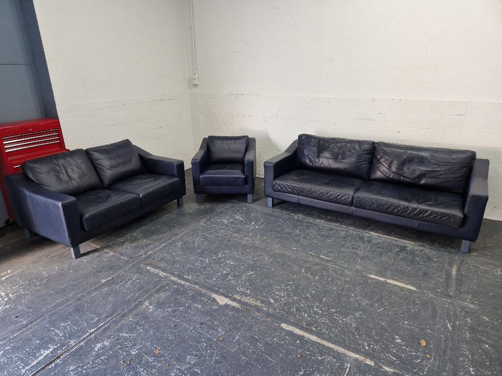 Leolux bankstel Antonia in donker blauw leer, Ophalen, Gebruikt, /, /