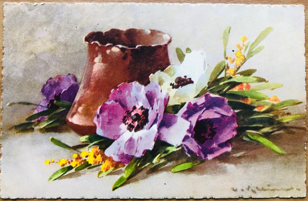 CATHARINA KLEIN - gesigneerd - anemonen met mimosa, Verzenden, 1920 tot 1940, Gelopen, Overige thema's