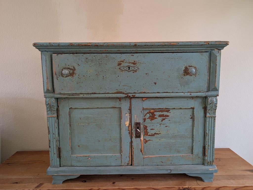 Oude Franse houten kast, blauw/groen, 100 jaar oud, Ophalen