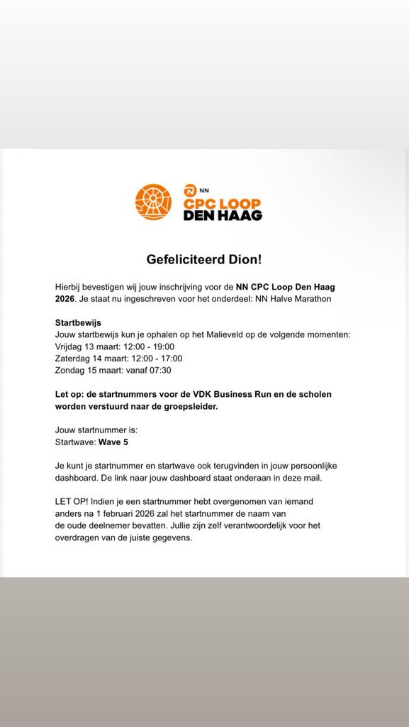 Startbewijs halve marathon. Wave 5, Eén persoon, Overige soorten