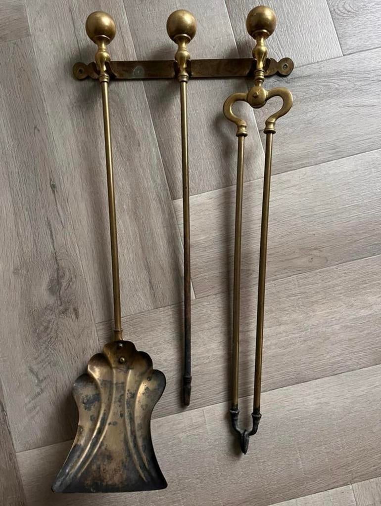 Messing haardset antiek, Ophalen of Verzenden, Vrijstaande haard, Houthaard