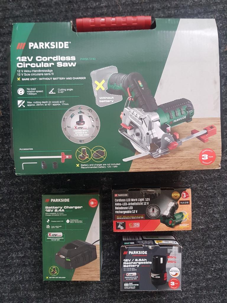 Parkside 12v accu handcircelzaag en led lamp, Doe-het-zelf en Verbouw, Ophalen, Cirkelzaag, Nieuw, 30 tot 70 mm