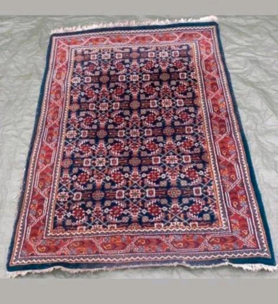 Handgeknoopt vintage Perzisch tapijt, Herati, Gebruikt, 100 tot 150 cm, Blauw, Ophalen of Verzenden