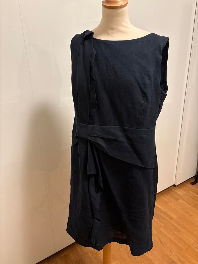 Donkerblauwe gevoerde linnen jurk met franje, Kleding | Dames, Blauw, Maat 42/44 (L), Ophalen of Verzenden, Knielengte