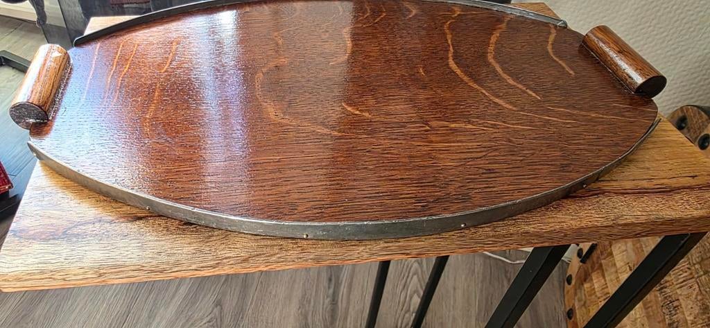 Vintage houten dienblad met metalen rand, Ophalen of Verzenden