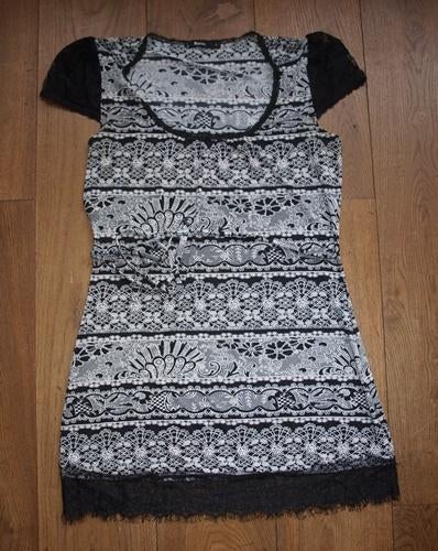 Zwart met Wit Jurkje met Kant van Flame (L), Flame, Zwart, Maat 42/44 (L), Ophalen of Verzenden