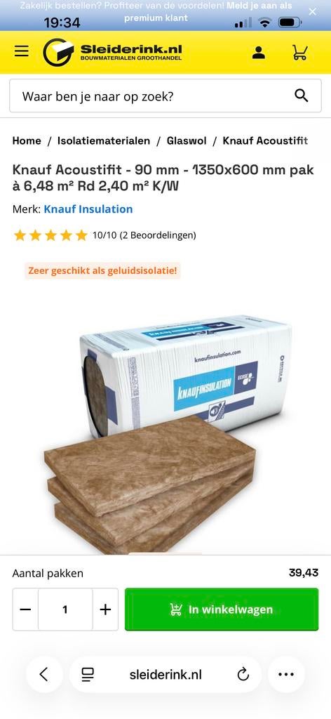 Knauf Acoustifit Glaswol Isolatie 90mm - Geluidsisolatie, Ophalen, Nieuw, 5 tot 10 m², Muurisolatie