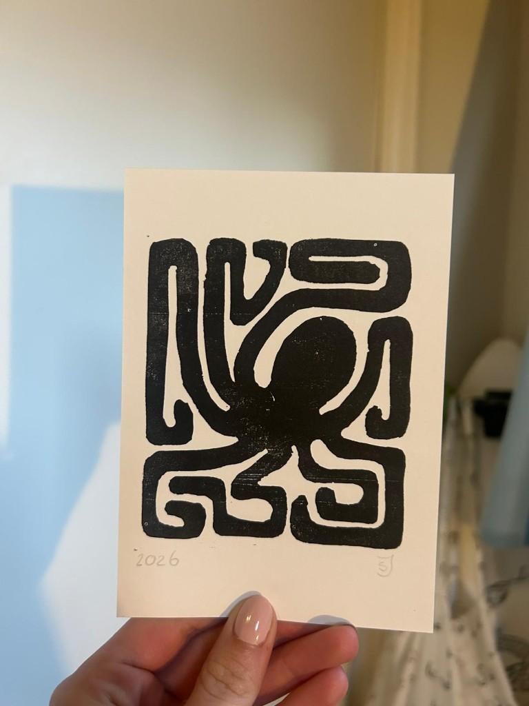 Octopus lino print A6 formaat, 2000 tot heden, Overige technieken, Ophalen of Verzenden, Flora en Fauna