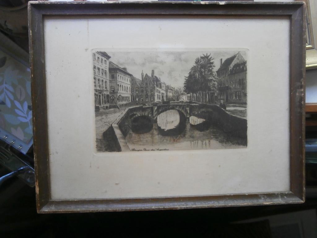 Brussel, Klein etsje Augustinusbrug gebr glas, Antiek en Kunst, Ophalen