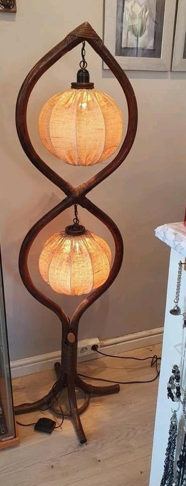Retro rotan staande lamp met twee kappen, Ophalen, Onbekend, Onbekend, Onbekend