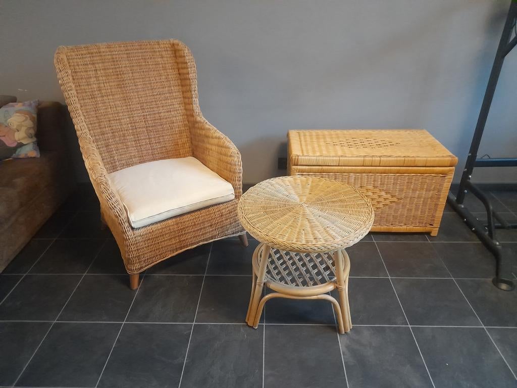 Set van rieten meubelen: zetel, bijzettafel en kist, Ophalen of Verzenden