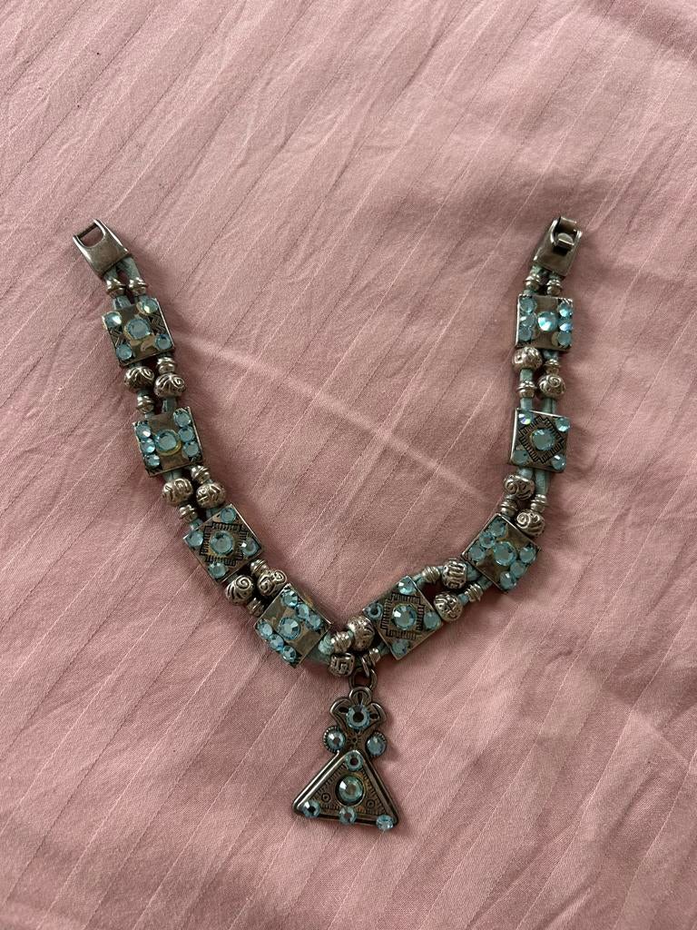 Zilveren ketting met Swarovski en blauw leer, Met kristal, Blauw, Nieuw, Ophalen of Verzenden