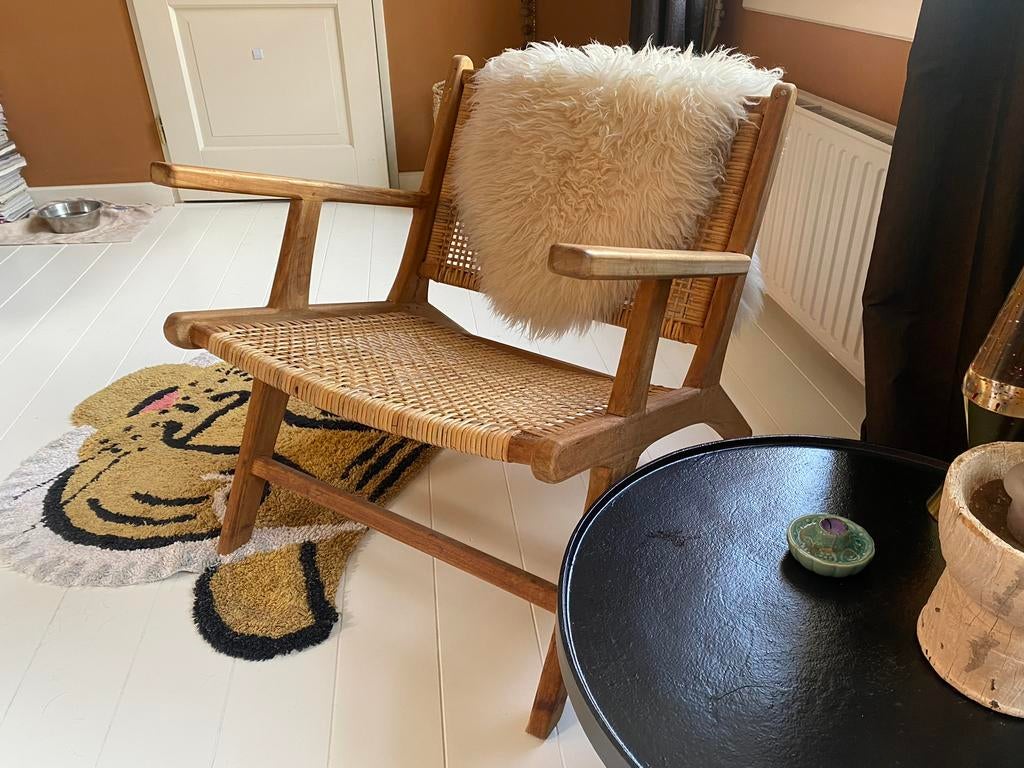 Prachtige Teak houten stoel met webbing, Ophalen of Verzenden, Zo goed als nieuw, Bruin, Eén