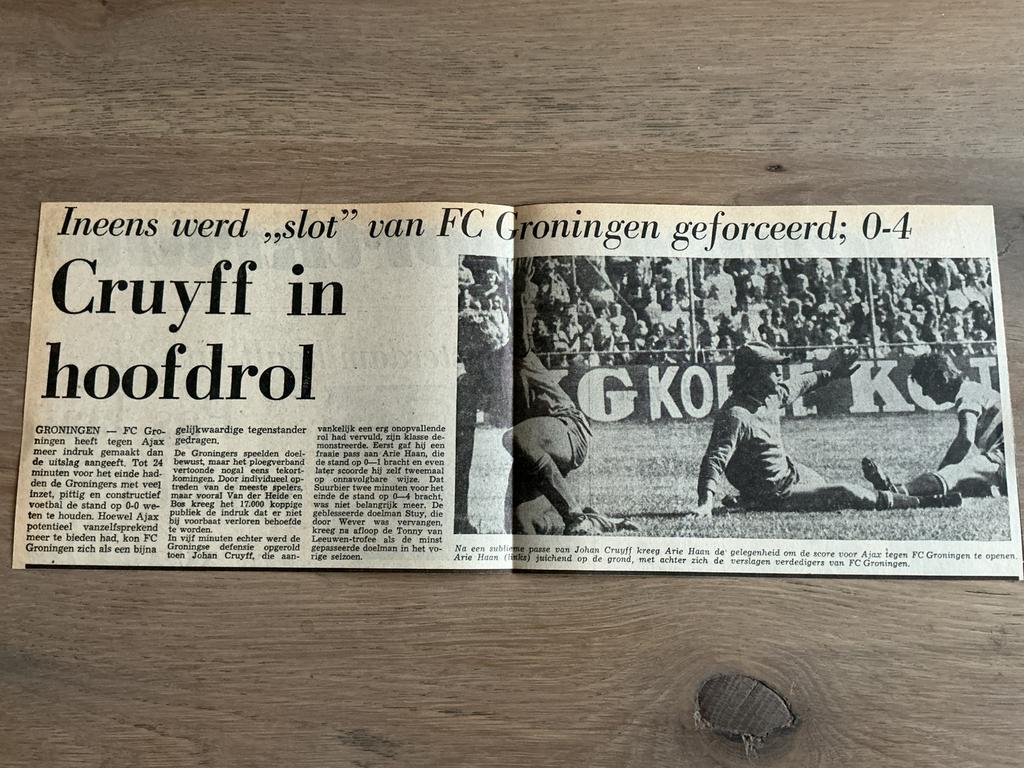 Voetbal krantenartikel FC Groningen Ajax augustus 1973, Ophalen of Verzenden, 1960 tot 1980, Knipsel(s)