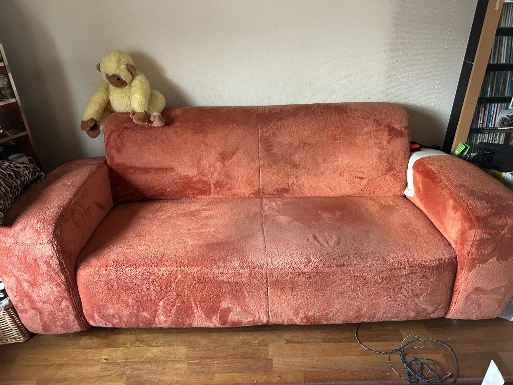 Bankstel 2 en 3 zits fluffie oranje, Ophalen, Gebruikt, 150 tot 200 cm, 75 tot 100 cm
