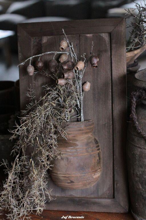 Lijst met kruik sober teak compleet met toef asparagus, Www.jufbrocante.nl, Www.jufbrocante.nl, Nieuw, Ophalen of Verzenden