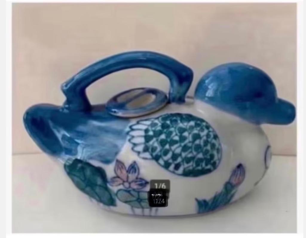 Brocante Theepot, Eend, porselein, 16 x 10 cm, Ophalen of Verzenden