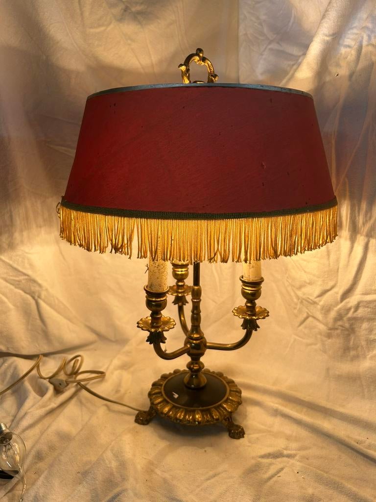 Antieke Franse Bouillotte Lamp - - Bordeaux & Goud - 52cm, Ophalen of Verzenden