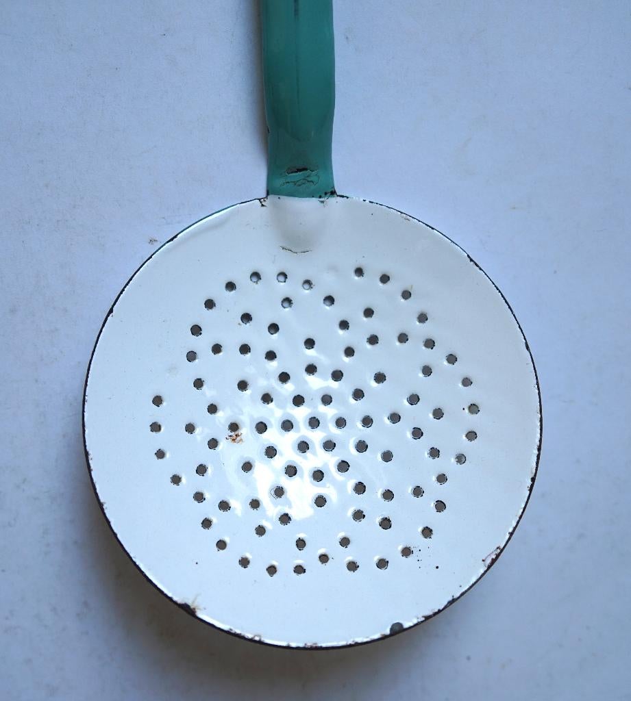 antiek emaille schuimspaan groenblauw goud metaal, Antiek en Kunst, Ophalen of Verzenden