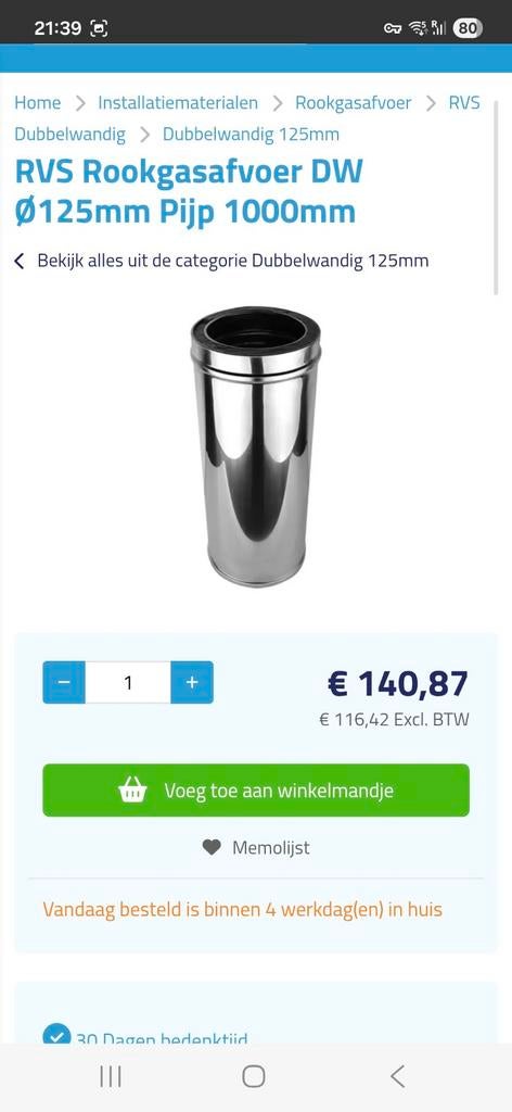 RVS Rookgasafvoer DW Ø125mm Pijp 1000mm, Doe-het-zelf en Verbouw, Ophalen of Verzenden