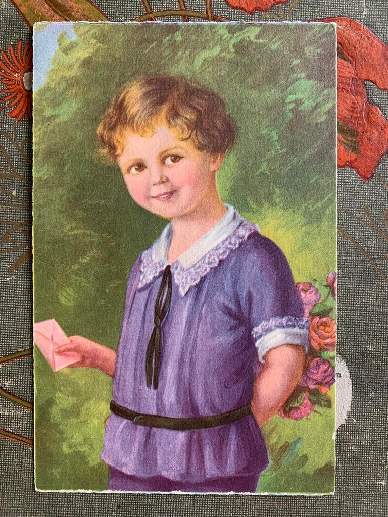 Jongetje met brief en bos rozen (SL), Ophalen of Verzenden, 1920 tot 1940, Gelopen, Kinderen