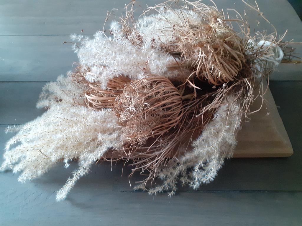 Prachtige toef/droogstuk op bruin houten schaal/tray., Ophalen of Verzenden, Zo goed als nieuw