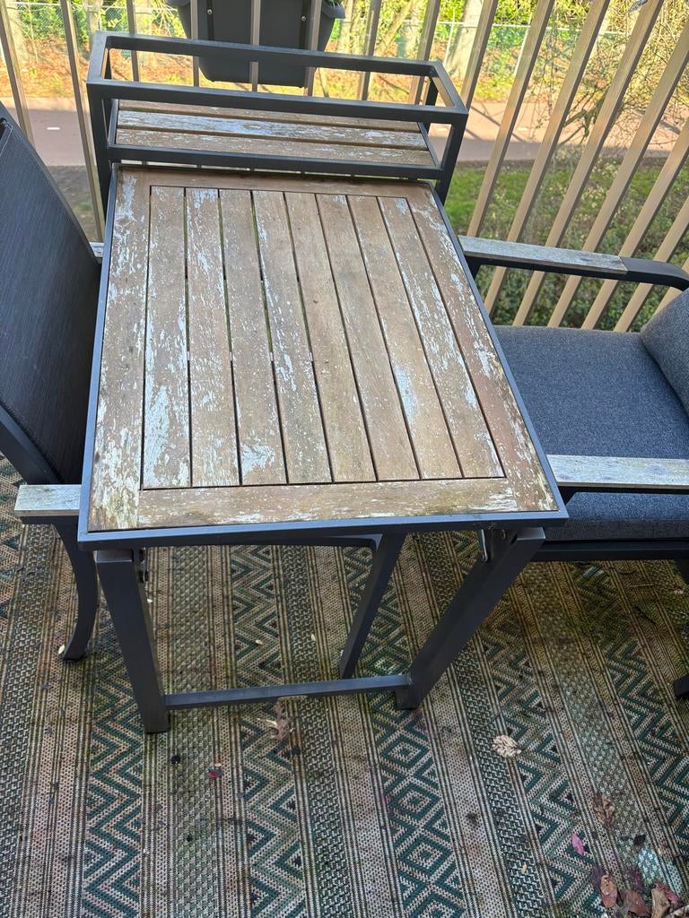 Tuinset: opklapbare tafel, verstelbare stoel, stapelstoel, Gebruikt, Eettafel, Tuinset, Hout