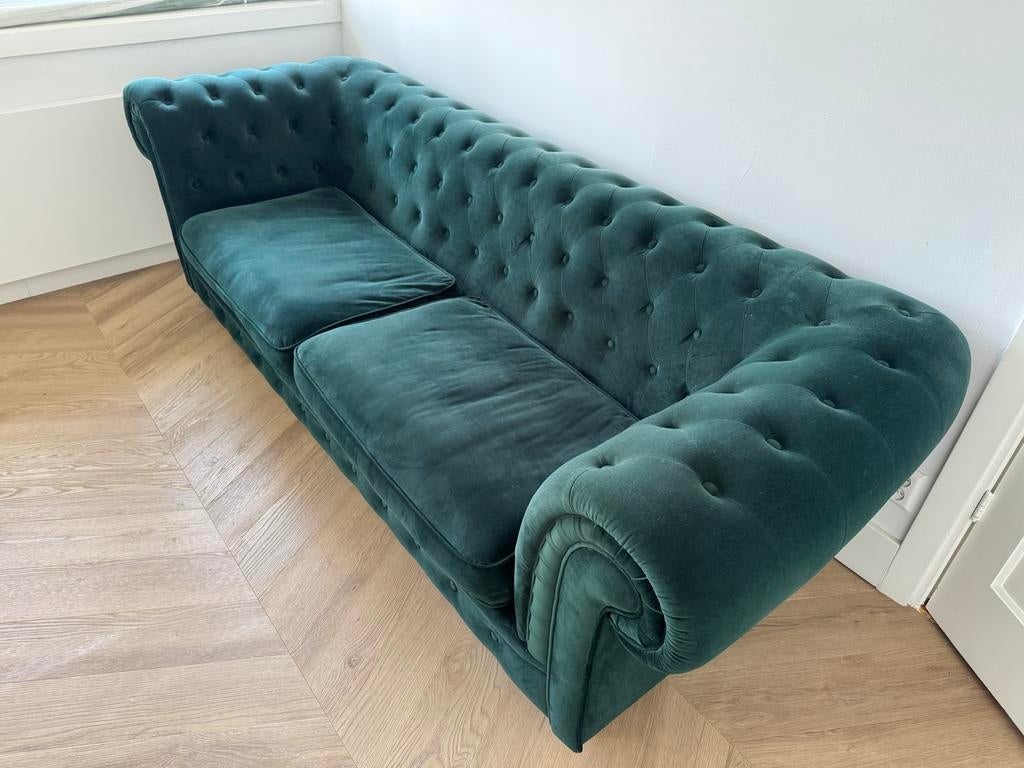 Groen velvet chesterfield stijl bank, Ophalen, Chesterfield, Driepersoons, 75 tot 100 cm