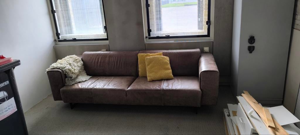 Bruine leren bank 3-persoons, Ophalen, Gebruikt, Driepersoons, 200 tot 250 cm