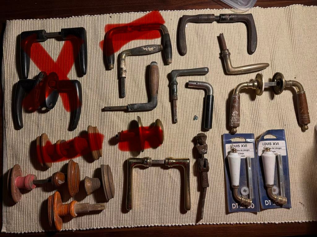 Antieke deurkruk sets hout metaal hertshoorn koper, Ophalen, Gebruikt, Koper of Messing, Klink of Kruk