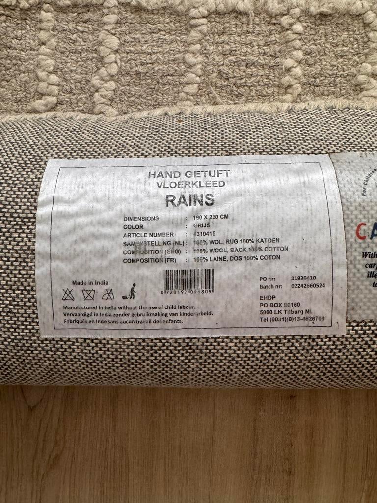 Kantum Vloerkleed Rains Grijs 160x230 cm Wol/Katoen, Ophalen, Gebruikt, 150 tot 200 cm, 200 cm of meer