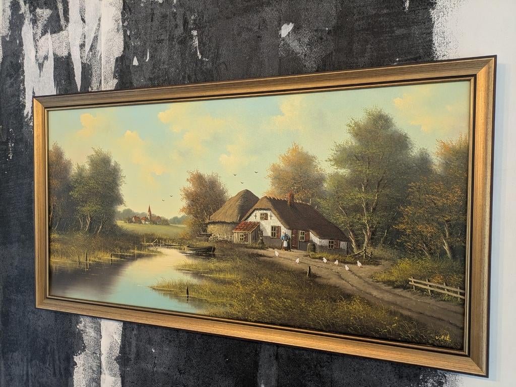 Schilderij met landschap en boerderij, Antiek en Kunst, Kunst | Schilderijen | Klassiek, Ophalen of Verzenden
